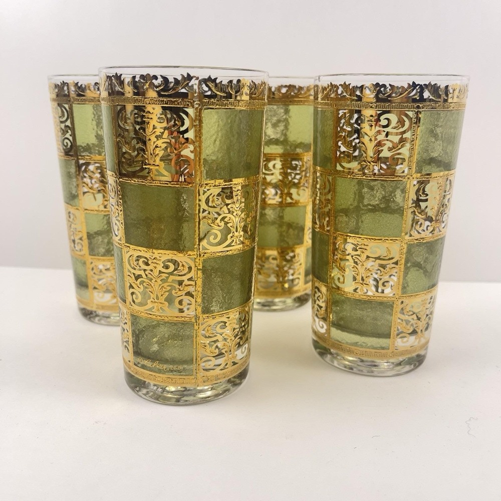 4 CULVER Prado Green Squares Gold Scrolls Highball Glasses MCM